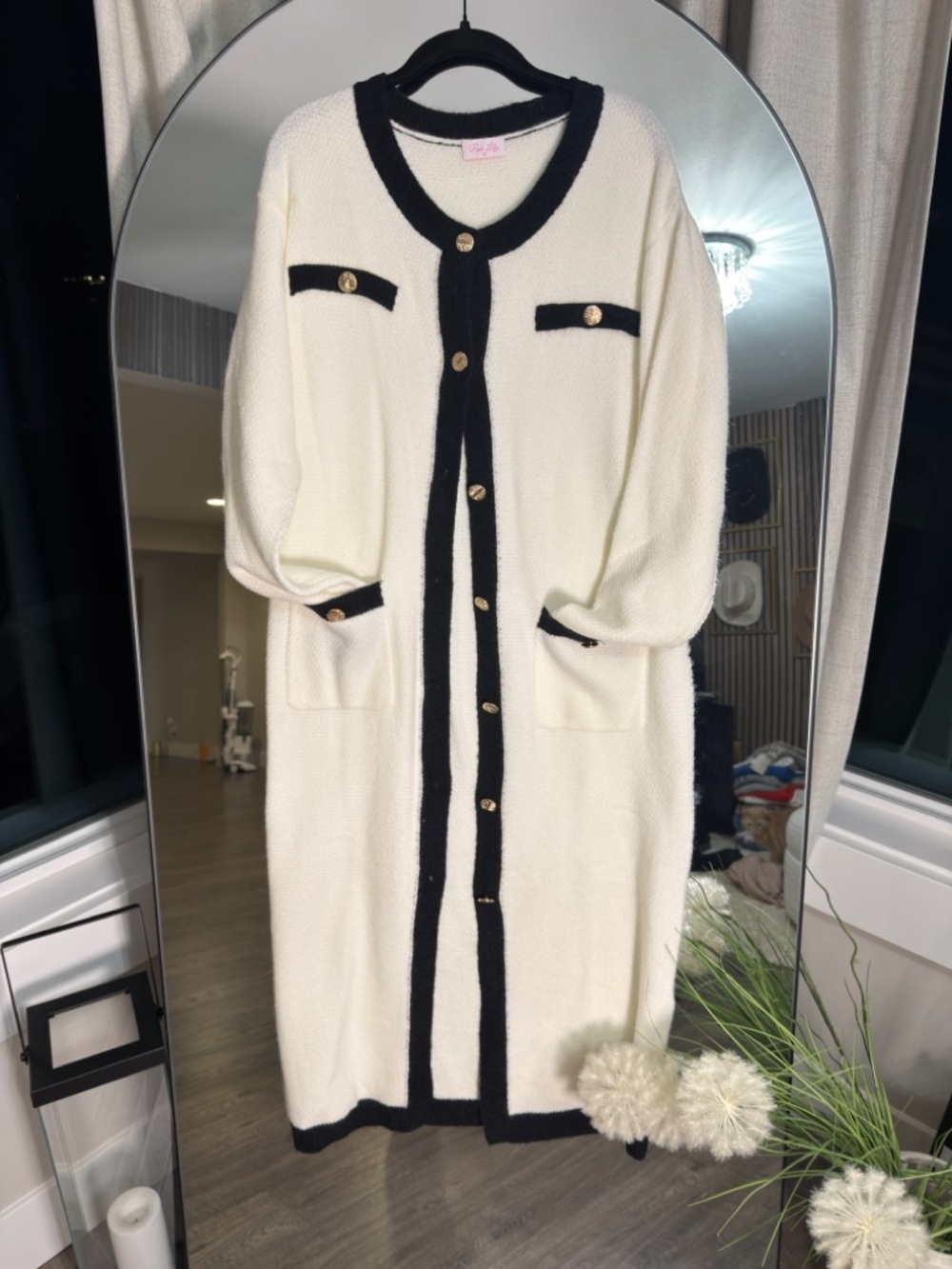 Pink Lily Cream Knit Cardigan with Black Trim